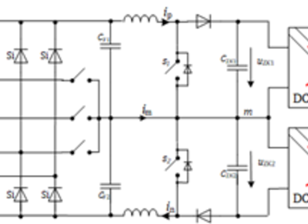 Circuit diagram for a low-common-mode, three-phase on-board charger. The low-common-mode PFC stage (three-phase and single-phase) allows for the omission of transformers in the DC-DC stage.